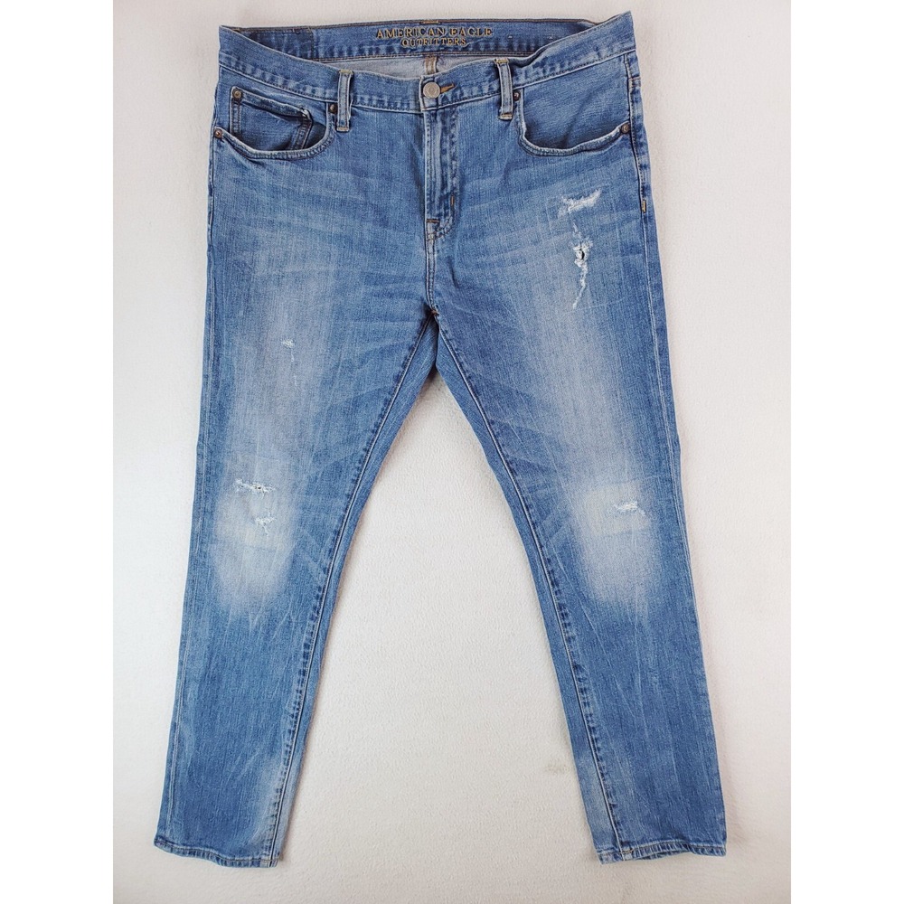 American Eagle Jeans Mens 36x32 Blue Skinny Distressed Patchwork Grunge Punk